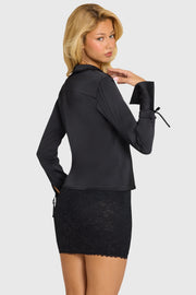Oh Polly Tops Hettie Chemise Satin Noire Nouée