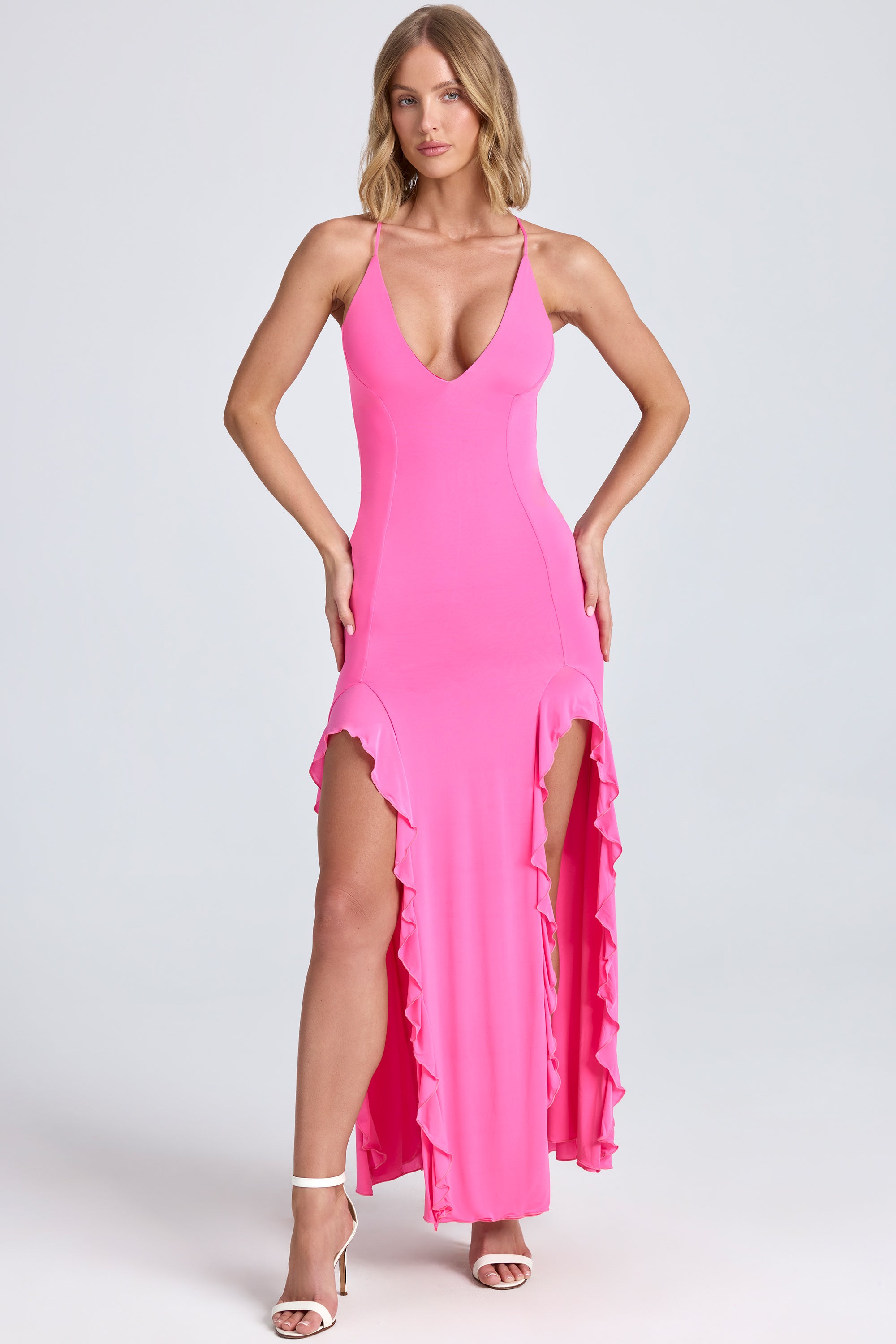 Oh Polly Coraline robe maxi rose bonbon fentes