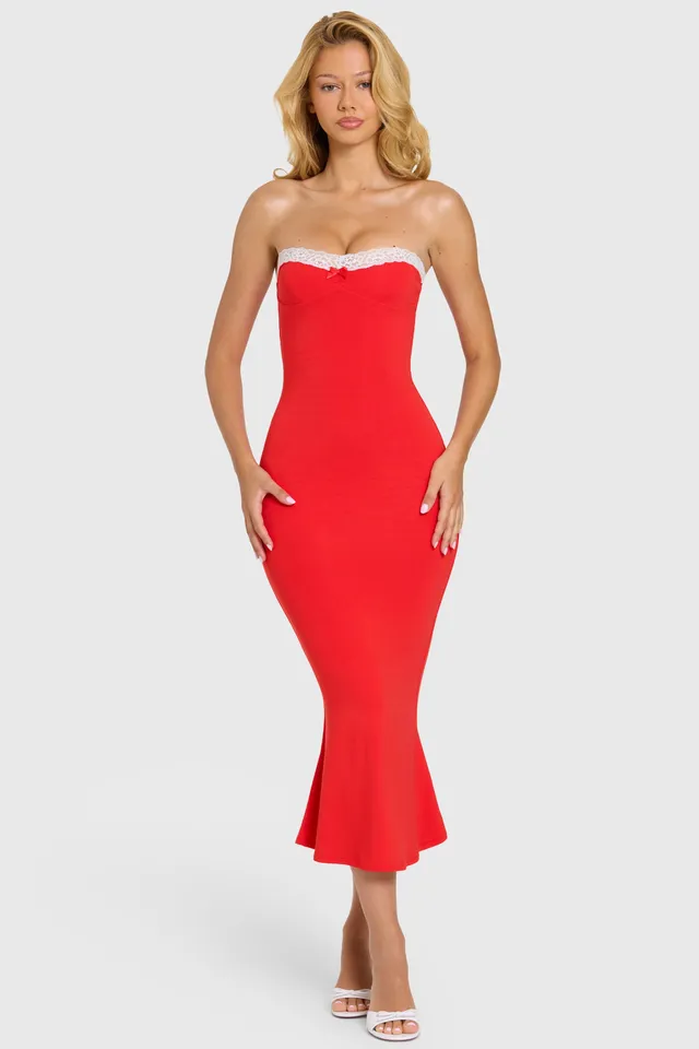 Oh Polly Winslet Robe Bustier Cerise Dentelle Midaxi