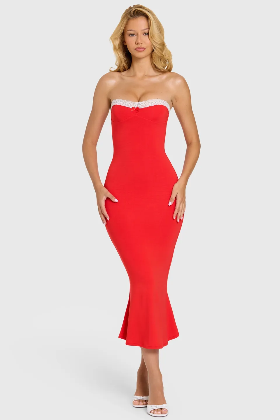 Oh Polly Winslet Robe Bustier Cerise Dentelle Midaxi