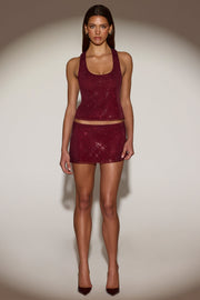 Oh Polly Embellished Aine top bordeaux strass col scoop
