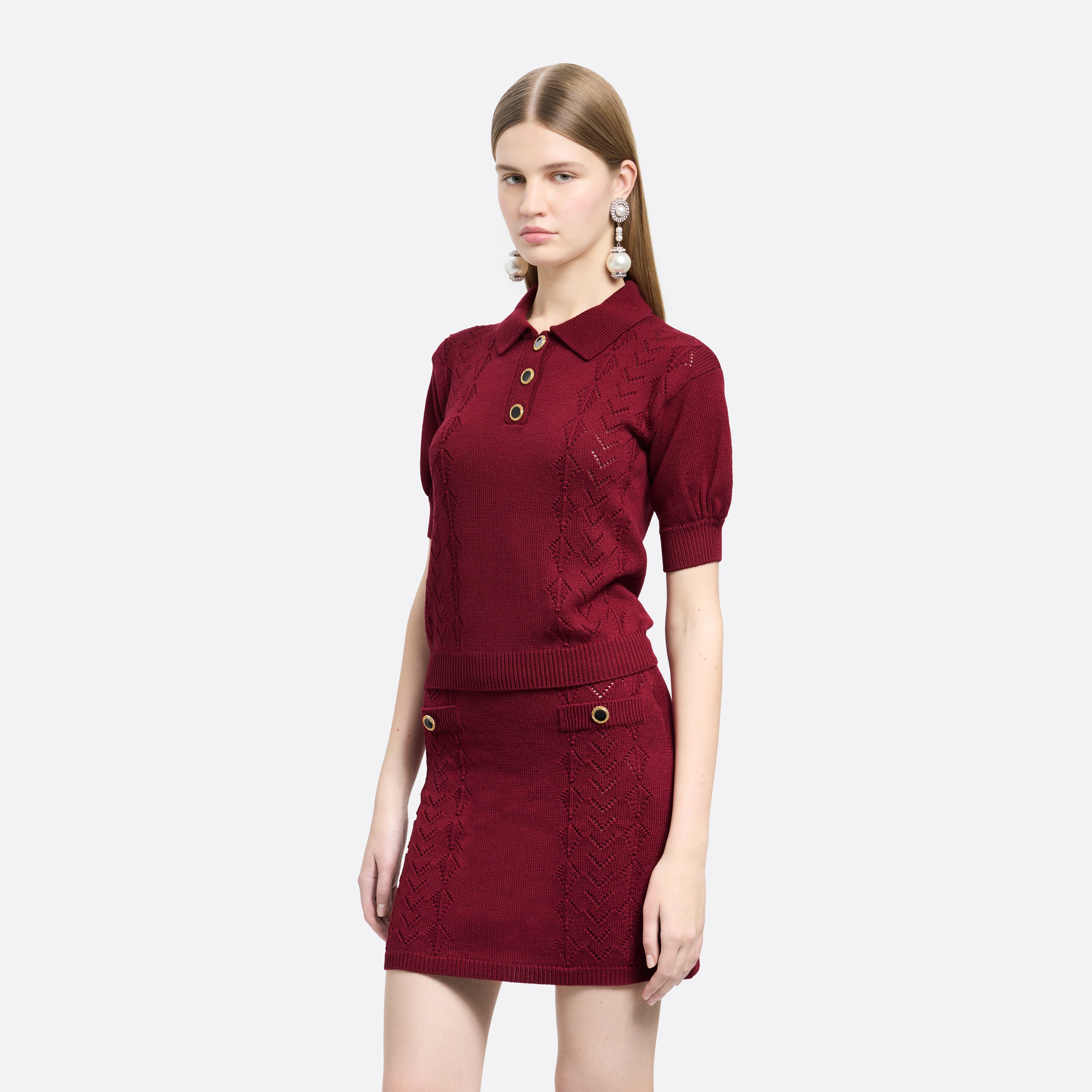 Alessandra Rich Lace-Knit Polo pull bordeaux mérinos