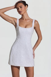 Oh Polly Dominique robe mini blanche satin perles nacre