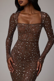 Oh Polly Embellished Isabeau 8307 robe longue cacao strass