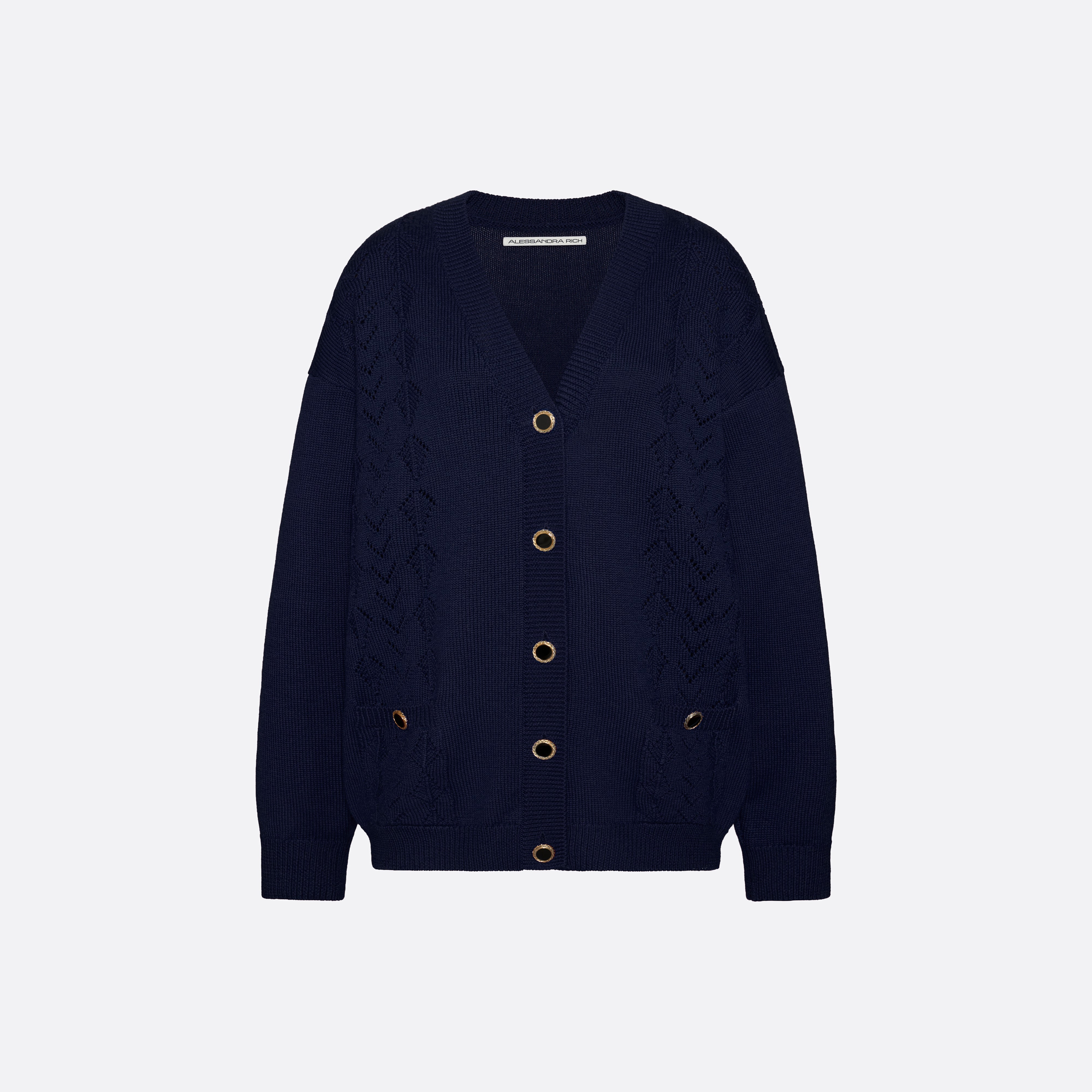 Alessandra Rich Knitwear cardigan dentelle laine mérinos bleu 36-46