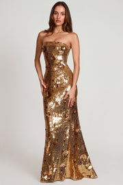Oh Polly Nottola robe maxi bustier dorée sequins 3D