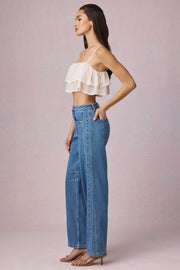 Oh Polly 13841 jean barrel bleu taille mi-haute coton