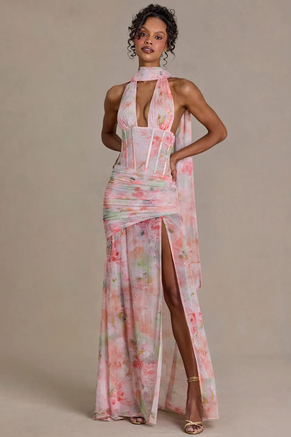 Oh Polly 15739 robe maxi rose fleurie strass foulard