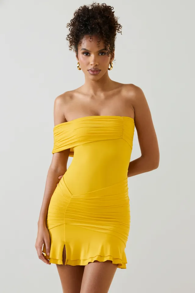 Oh Polly Dresses Robe Mini Arielle Jaune Doré Une-Épaule