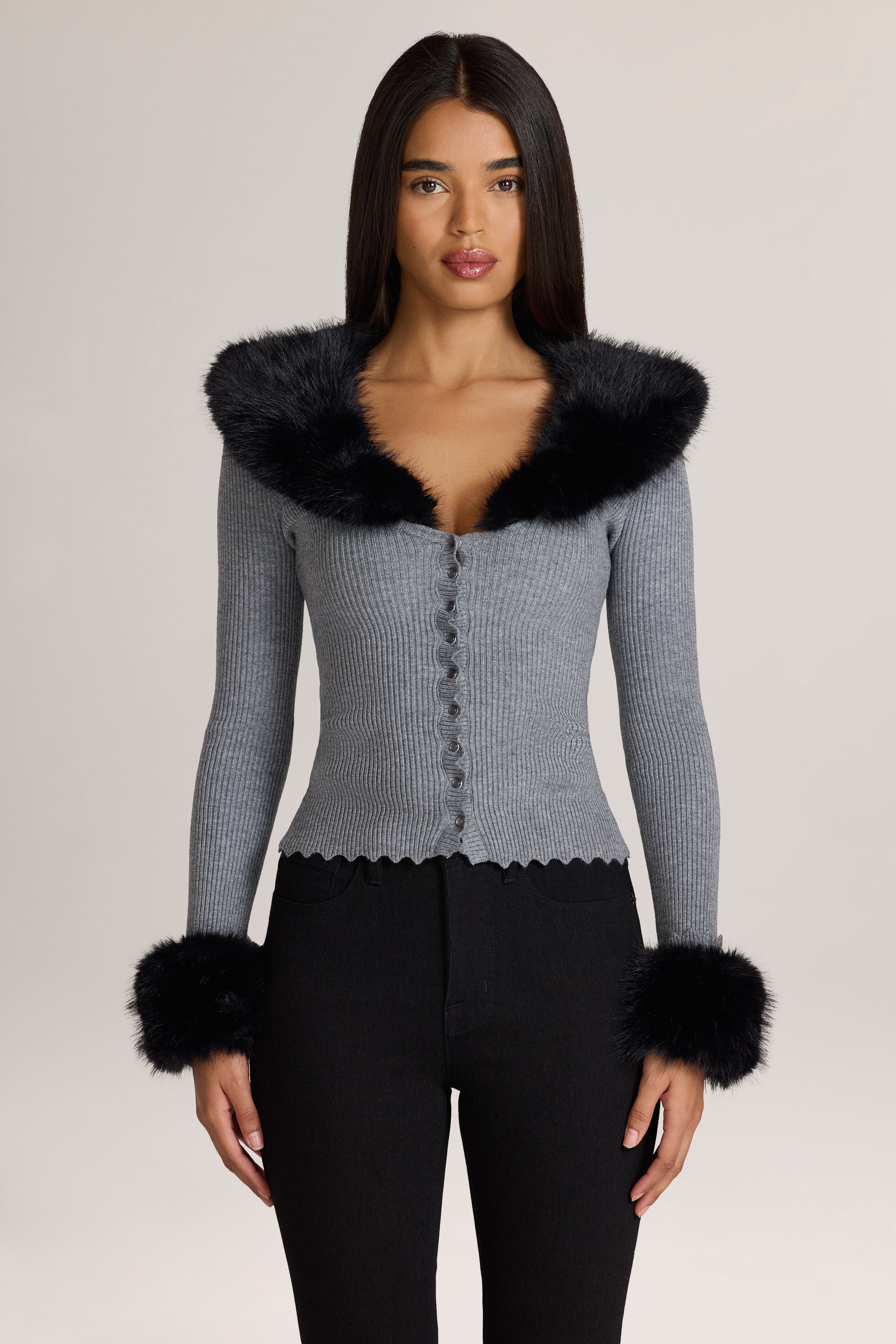 Oh Polly Lissie cardigan maille gris fausse fourrure