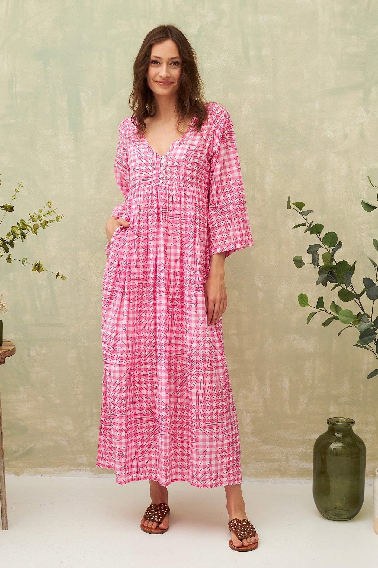 Chicosoleil Claudia robe longue vichy rose coton