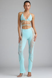 Oh Polly Embellished pantalon évasé Stevie bleu glace strass