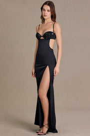 Oh Polly Embellished 15735 robe satin noir fente