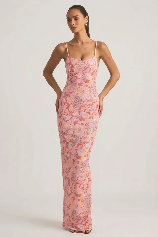 Oh Polly Tavira maxi robe rose sequins corail dos nu