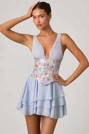 Oh Polly Embellished Sakura mini robe bleu floral corset volants