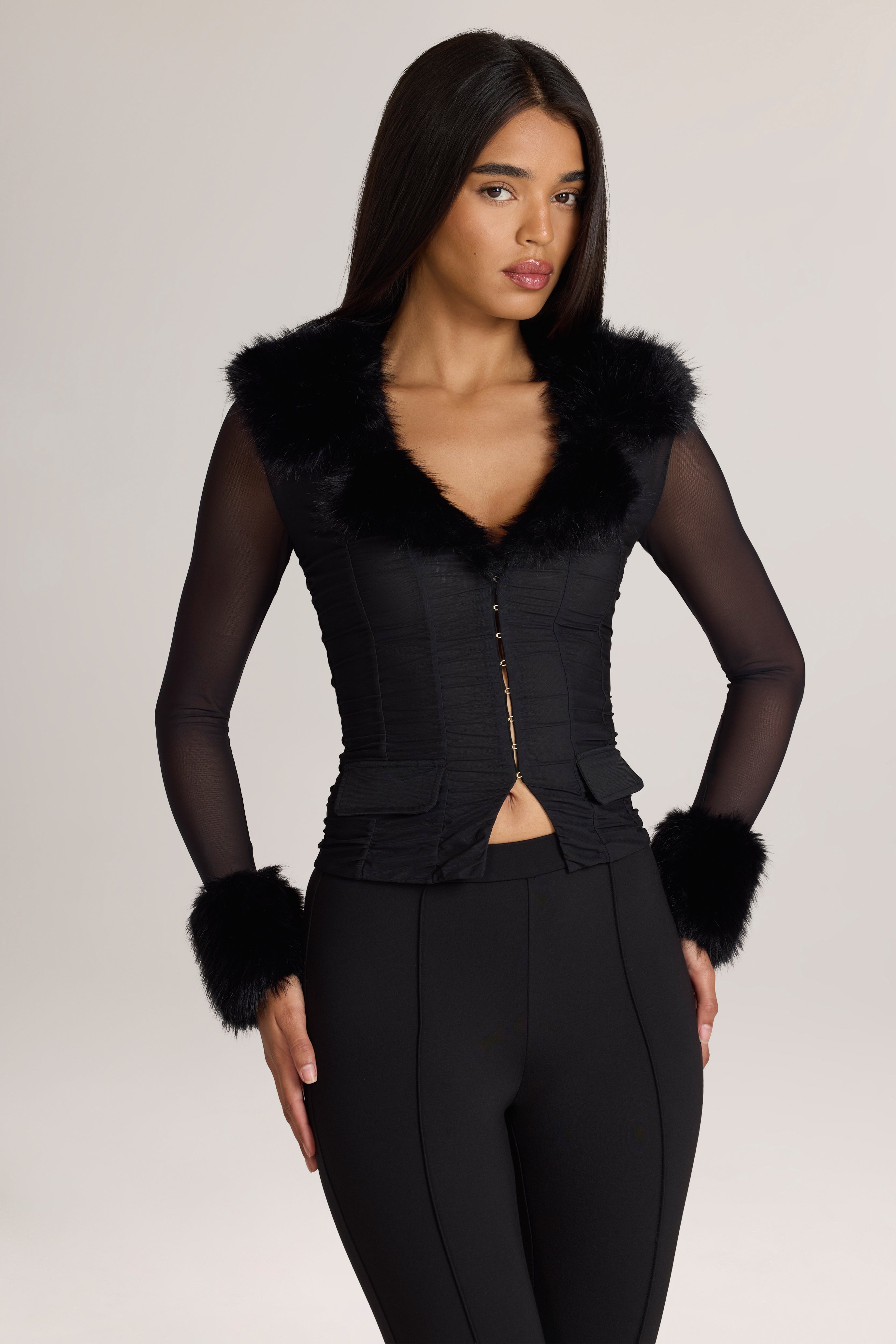 Oh Polly Norrie veste manches longues noire fausse fourrure