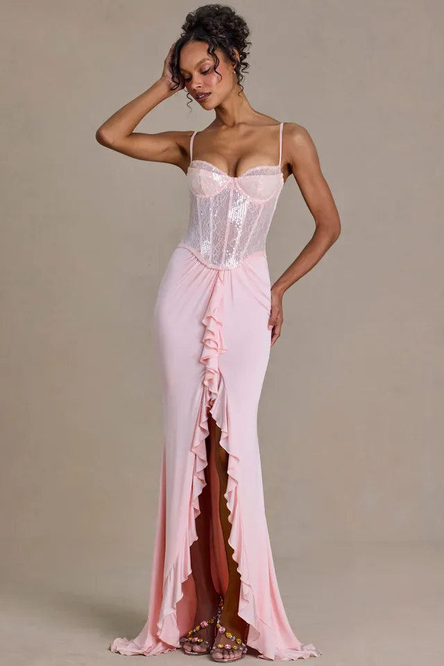Oh Polly Robe Corset Dentelle Blossom Sequin Fendue Rose