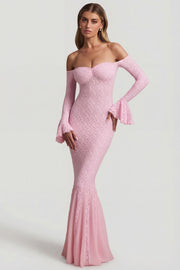 Oh Polly Verena robe maxi rose dentelle épaules nues