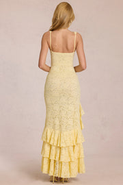 Oh Polly Dresses Celira 16130 robe maxi jaune dentelle fente volants