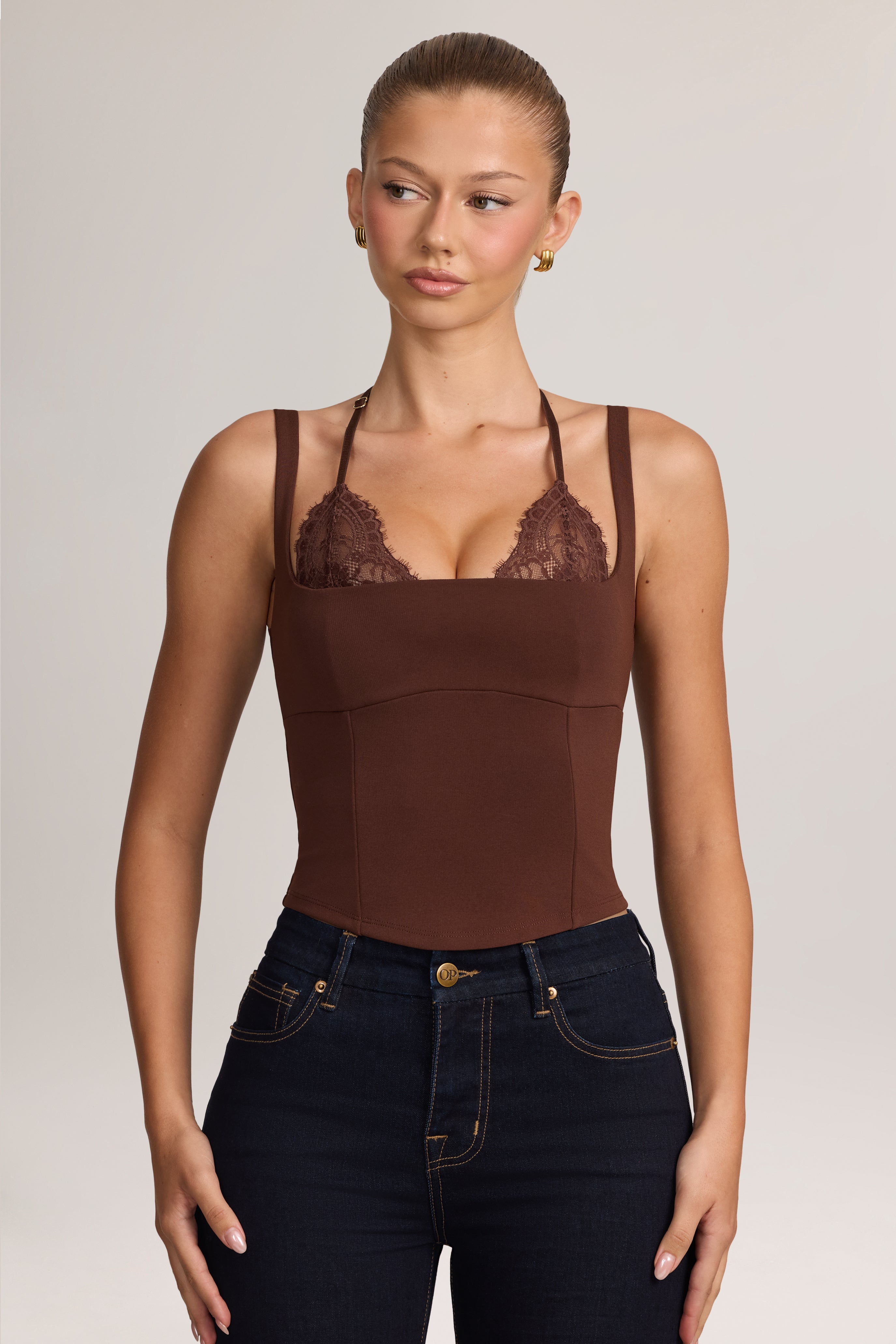 Oh Polly Albay tank top dentelle Cocoa Brown ponte