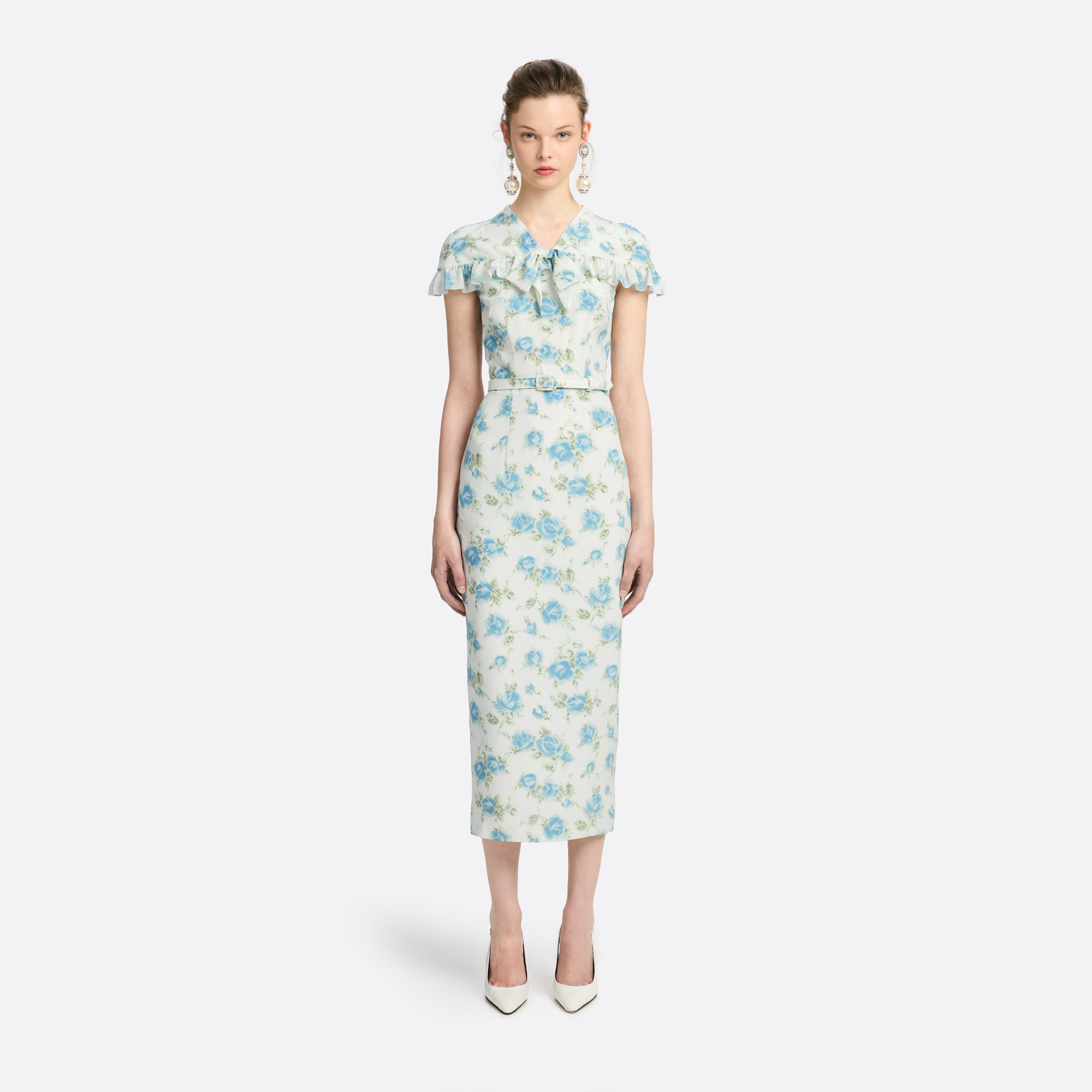 Alessandra Rich Floral-Print Silk robe midi bleu clair 40