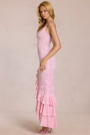 Oh Polly Celira robe longue dentelle rose blossom fente cuisse