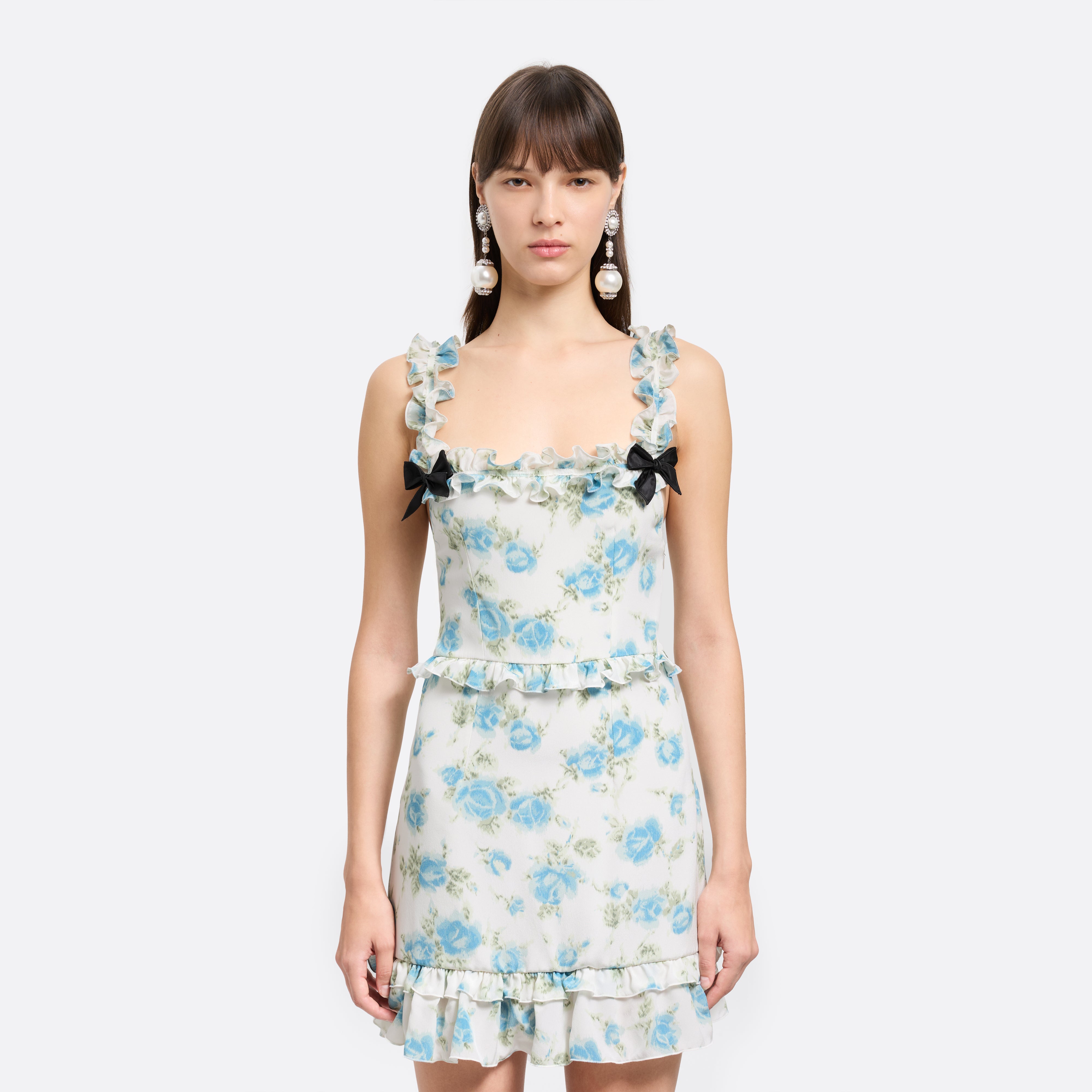 Alessandra Rich Dresses mini robe soie fleurs bleu volants