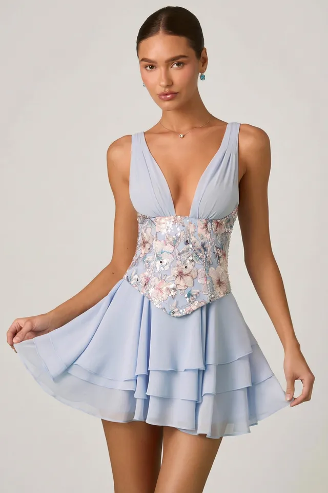 Oh Polly Embellished Sakura mini robe bleu floral corset volants