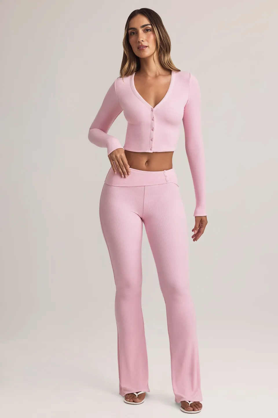 Oh Polly Bebe pantalon évasé rose pastel modal stretch