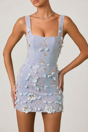 Oh Polly Briar Appliqué Corset Mini robe satin bleu ciel fleurs