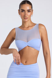 Oh Polly Yume Crop Top Bleu Pervenche Mesh Froncé Sans Manches
