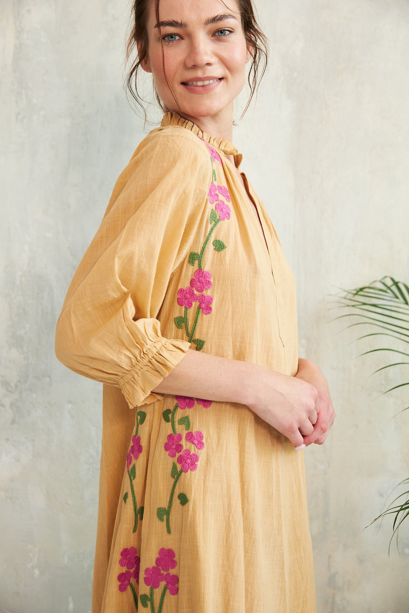Chicosoleil Kalinda robe longue jaune cornsilk coton brodée