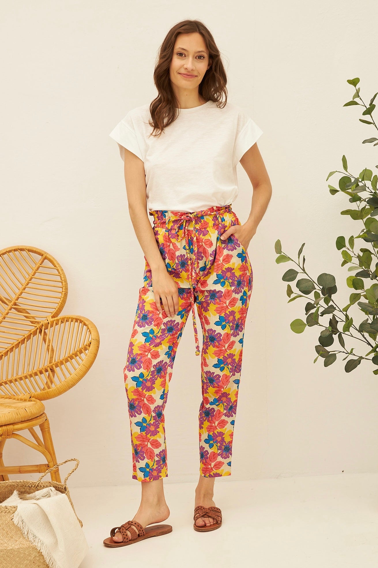 CHICOSOLEIL Kory pantalon écru fleurs Jaipur 100% coton