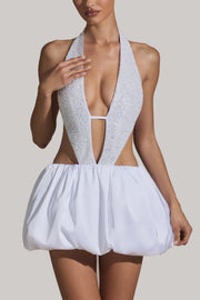 Oh Polly Cece Mini Robe Blanche Perles Dos Nu Bubble Hem