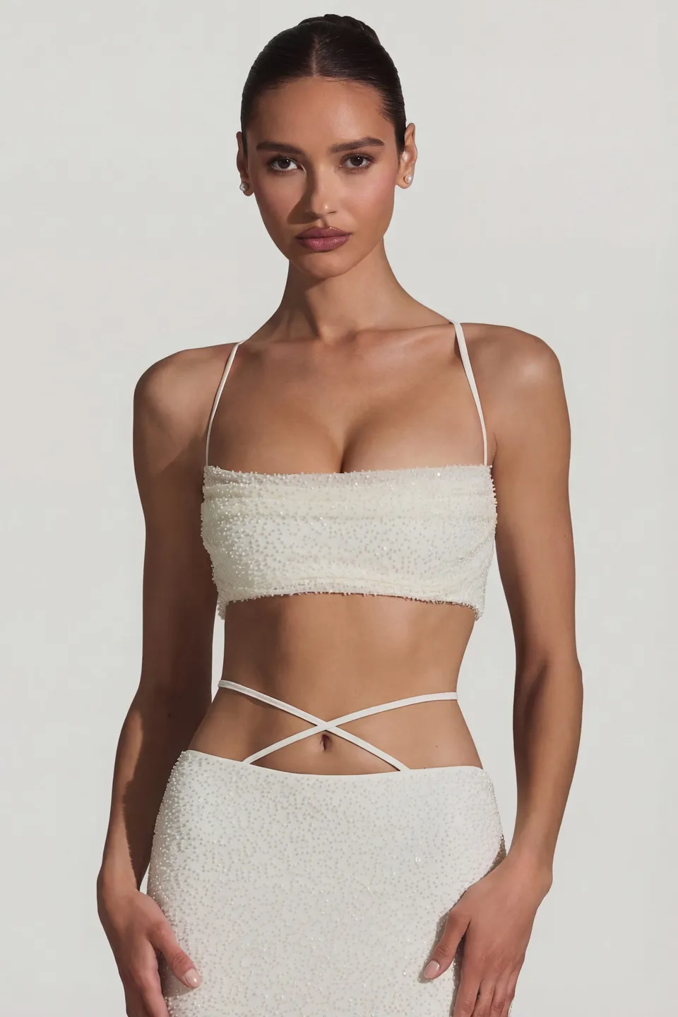 Oh Polly Embellished Pisa haut crop blanc perles strass