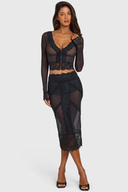 Oh Polly Knitwear Valeria gilet crop noir dentelle mesh