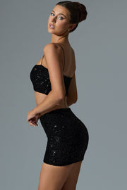 Oh Polly Embellished 12357 mini jupe sequins noir taille haute