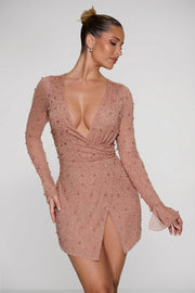 Oh Polly Embellished Chelsea 6127 robe mini beige perles