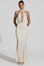 Oh Polly Desiree robe longue ivoire dos nu satin