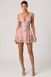 Oh Polly Embellished Sakura mini robe rose floral corset volants