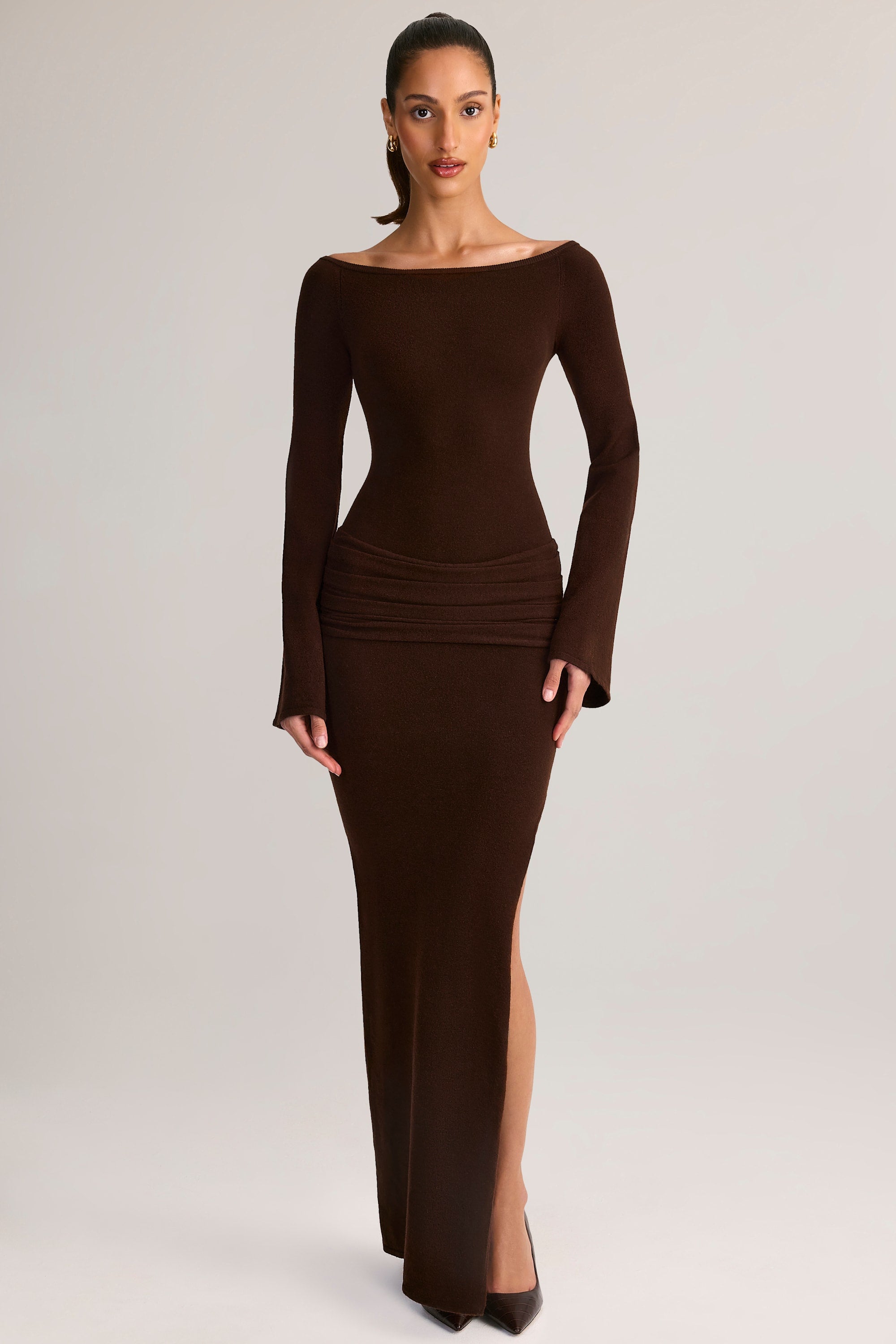 Oh Polly Isay robe maxi marron maille col bateau