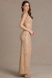 Oh Polly Embellished robe maxi asymétrique sable sequins