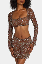 Oh Polly Embellished Giulia 7231 crop top marron strass
