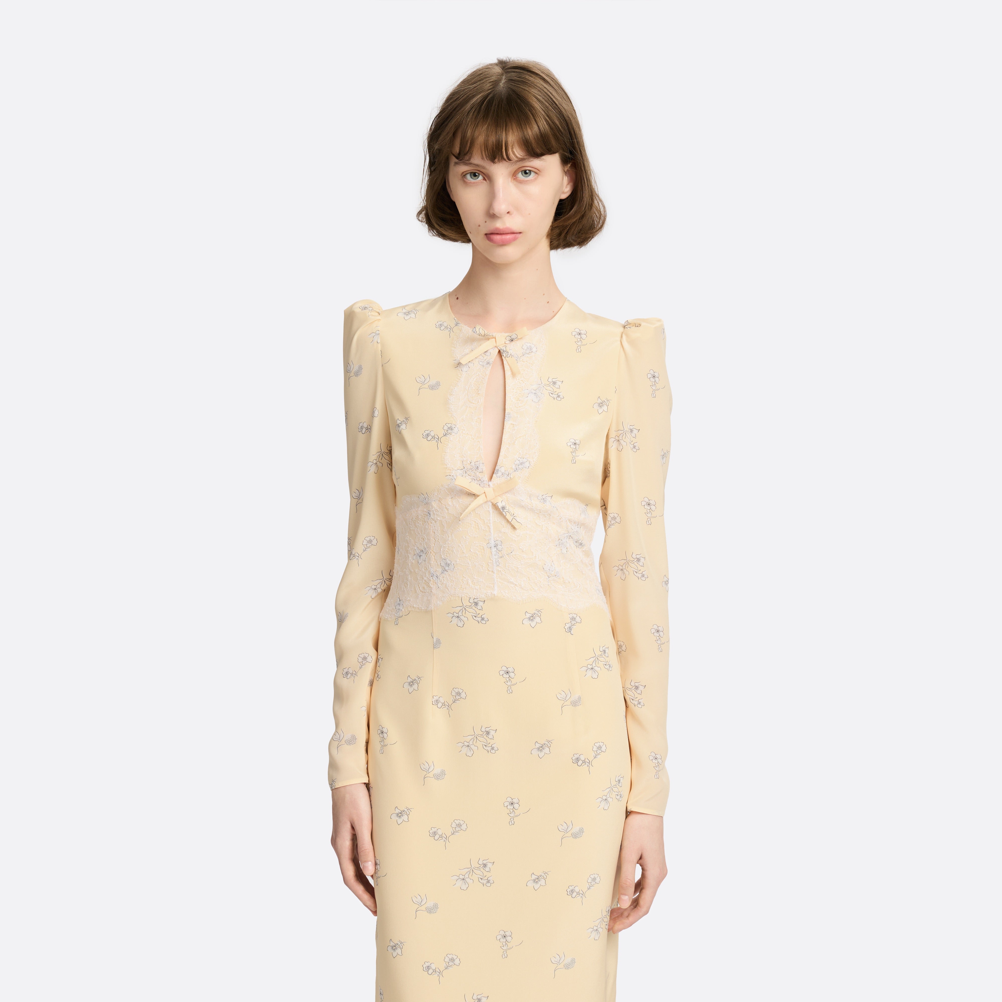 Alessandra Rich Silk Midi Dress With Lace Detail robe jaune pâle 40