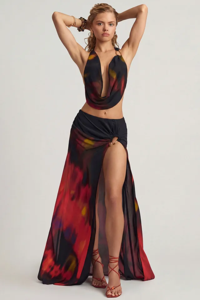 Oh Polly Keona 14094 jupe maxi imprimé rouge fendue