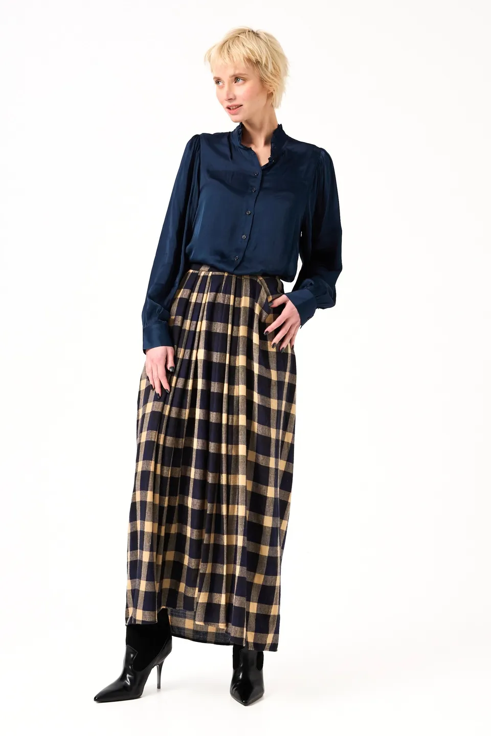 Chicosoleil Diega jupe longue femme carreaux indigo coton