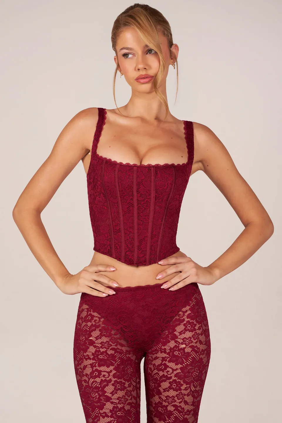 Oh Polly Jemara Top Corset Rouge Cerise Dentelle Laçage