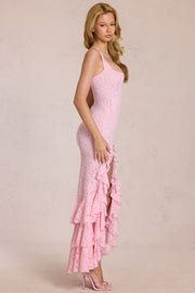 Oh Polly Celira robe longue dentelle rose blossom fente cuisse