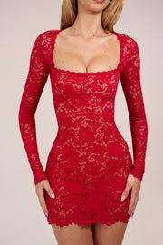 Oh Polly Darla robe mini dentelle rouge rose manches longues