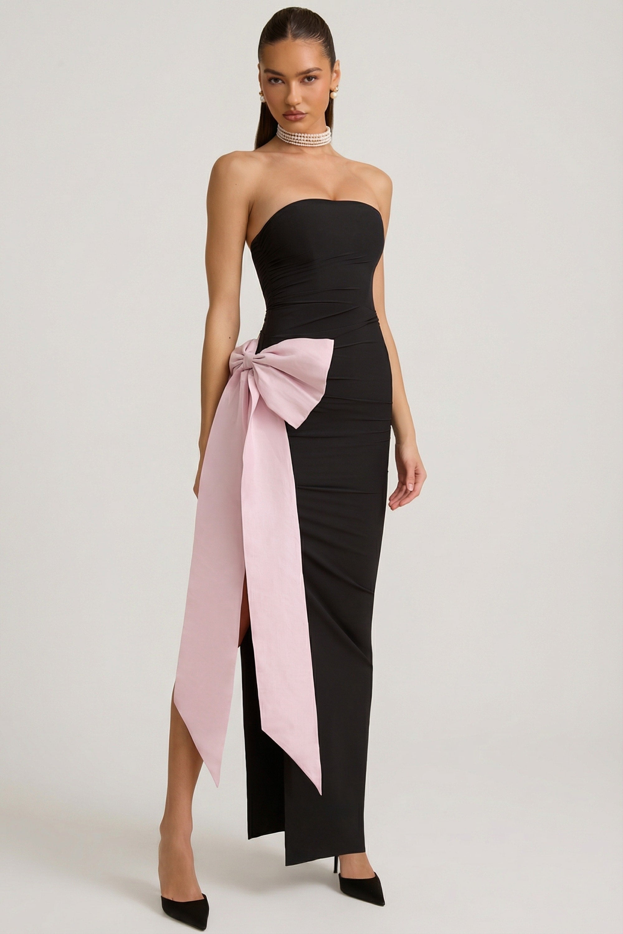 Oh Polly Angelique robe maxi noire bustier nœud